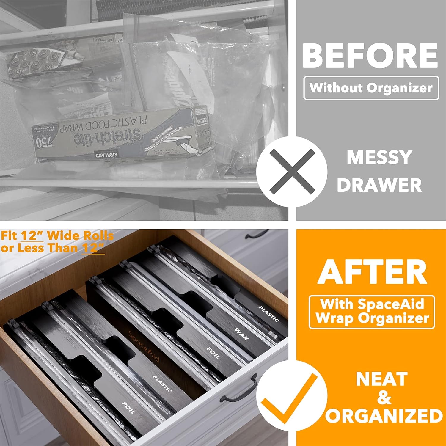 Wrap Organizer with Cutter and Labels, Plastic Wrap, Aluminum Foil and Wax Bamboo Dispenser, Storage Organization Holder -2 in 1 (12 Wrap Organizer with Cutter and Labels, Plastic Wrap, Aluminum Foil and Wax Bamboo Dispenser, Storage Organization Holder -2 in 1 (12